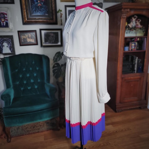 Vintage 80s Rothschild San Francisco Pleated Midi Dress Belted Pink Purple S - Picture 4 of 8